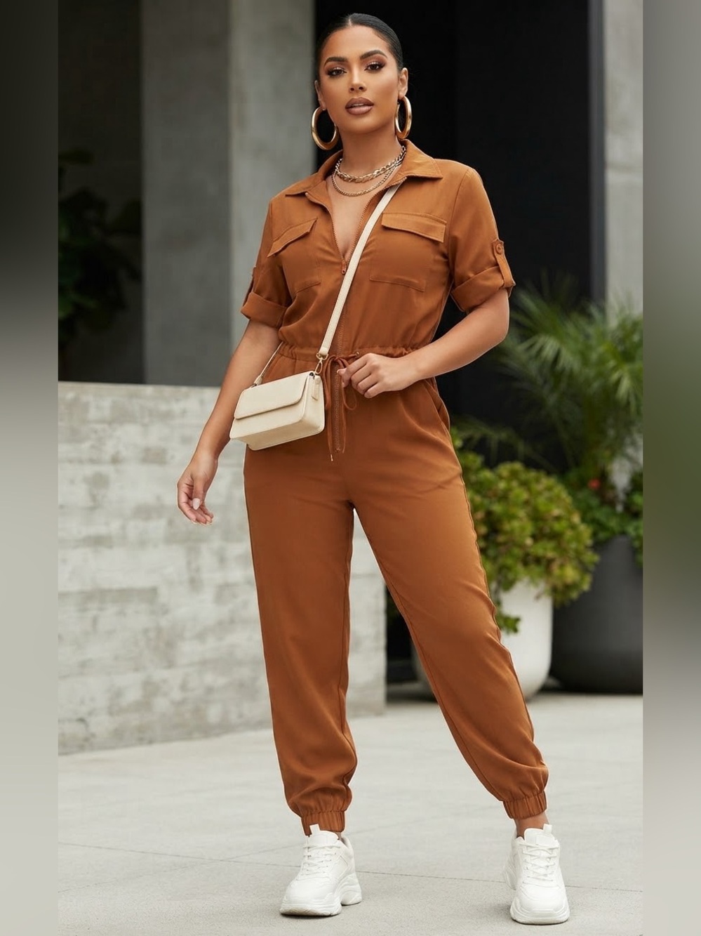 NWT Fashion Nova "Safari Search" Utility Jumpsuit - Size Extra Small (Cognac)